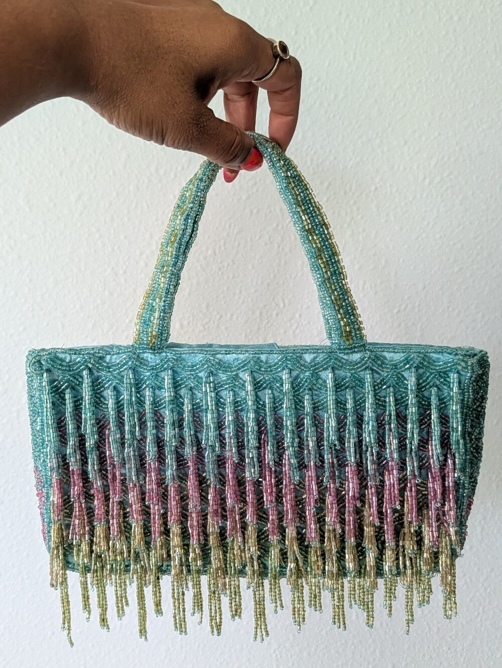 NWT Mermaid Rainbow Beaded Fringe East West Top Handle Crossbody Bag India